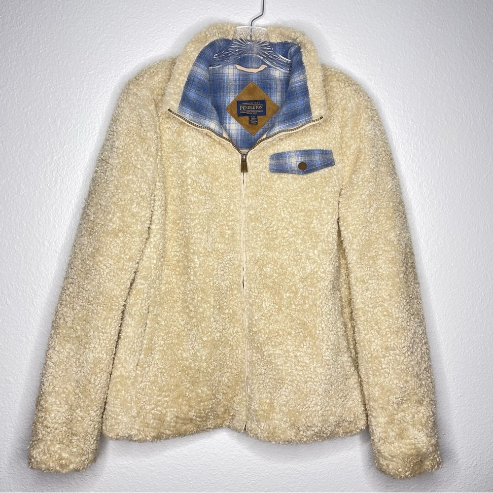 Pendleton Cream Fuzzy Teddy Zip Up Jacket Womens Size Large Blue Plaid Details